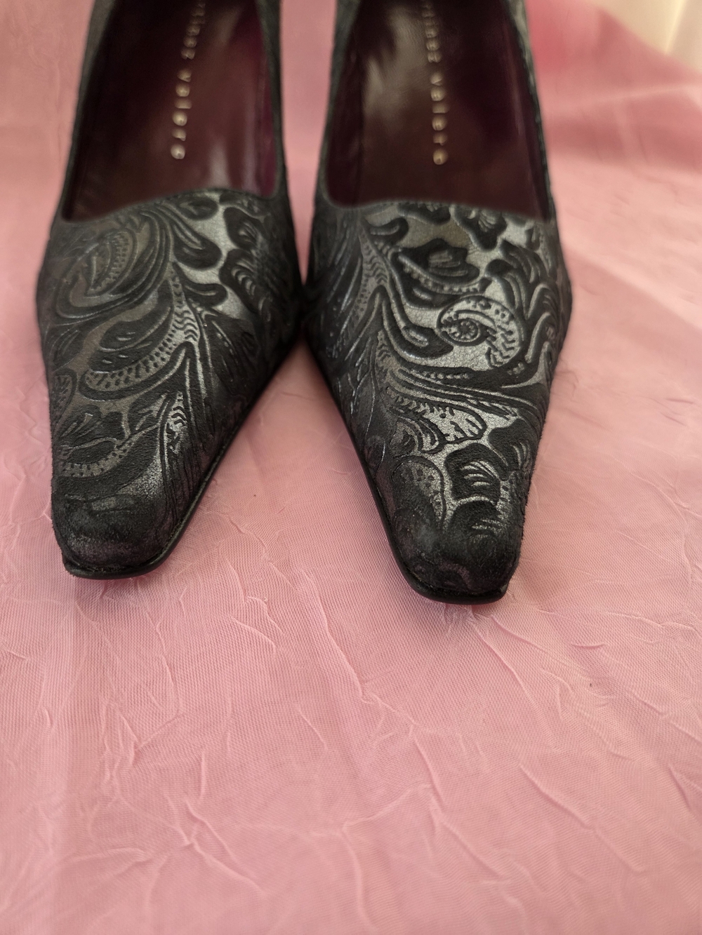 Martinez Valero Black & Grey Velvet Paisley Embossed Pumps Heels Made In Spain 9 - Picture 8 of 16